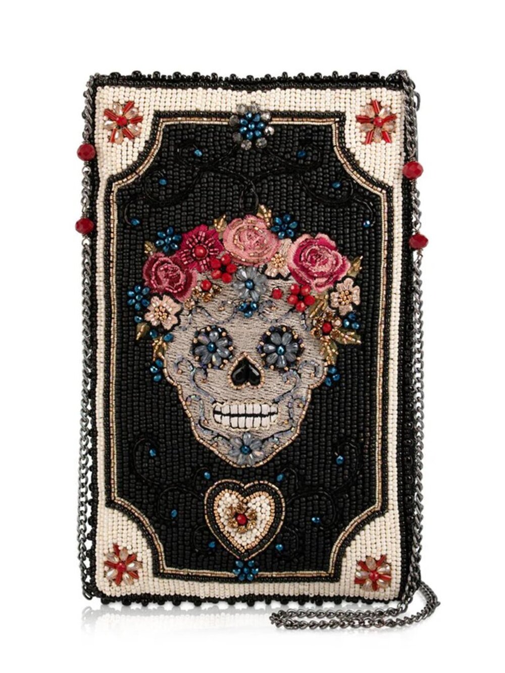 Mary Frances Floral Spirit Crossbody Phone Bag Skull Zip Handbag Black Purse NEW